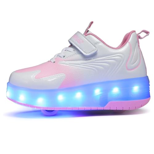 2-Pair Pink Roller Shoes Bundle for Girls- LED Flashing Light Up Sneakers with Retractable Wheels Rechargeable Skate Shoes Gift Size 6 Big Kid