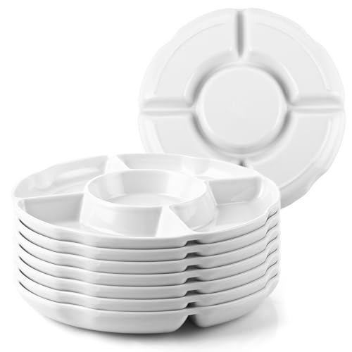 Ghligna 8 Stück Snackteller mit Fächern 25.4x2.6cm Weiß Snackplatte Rund Fondueteller mit Unterteilung 5 Fach Snackschale Snacktablett Servierplatte mit Fächern für Nüsse Dessert Frische Snacks