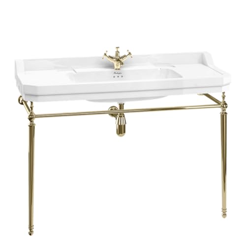 Casa Padrino Luxus Jugendstil Waschtisch Weiß/Gold 121 x 51 x H. 90 cm - Porzellan 1-Loch Stand Waschbecken mit Untergestell - Badezimmer Möbel