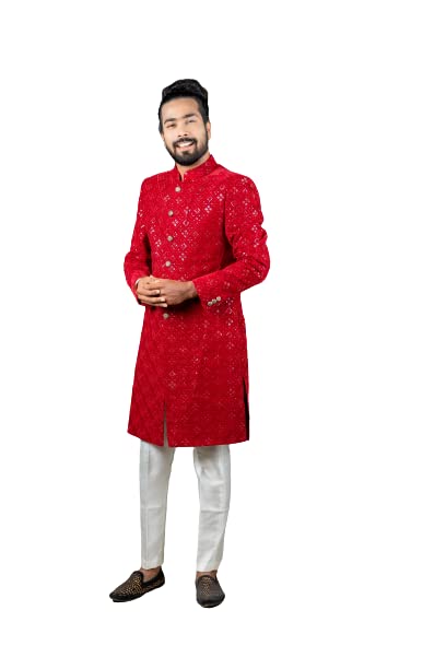 Red indo western sherwani & white straight cut pant-image-33