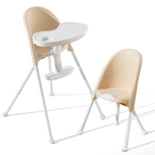 Image of Funny Supply Foldable High Chair, Space-Saving Portable Baby High Chair with Removable Double Tray, Modern Convertible Baby Feeding Chair, Lightweight, Easy to Clean, Beige