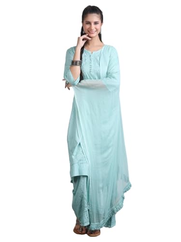 Image of Women's Lucknowi Chikankari Handwork Cotton Kurti, Palazzo and Dupatta Set