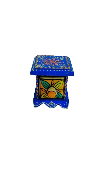 Blue - Neem Wood Hand Painted Blue Pottery Ceramic Triple Drawer