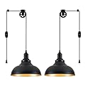 ALAISLYC Black Pendant Light Hanging Lamps for Living Room Plug in 15FT Dimmable Switch Adjustable Pulley Hanging Lights with Cord for Kitchen Bedroom 2 Pack