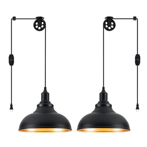 Image of Black Pendant Light Hanging Lamps for Living Room Plug in 15FT Dimmable Switch Adjustable Pulley Hanging Lights with Cord for Kitchen Bedroom 2 Pack