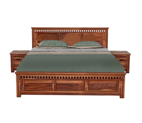 Image of Sheesham Wood King Size Bed Without Storage | Wooden Bed King Size Double Cot Palang Bed for Bedroom | Kuber Design Headboard Bed for Living Room | Honey Finish
