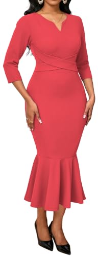 Image of Elegant Dress for Women Sexy V Neck Long Sleeve Bodycon Midi Fishtail Dresses