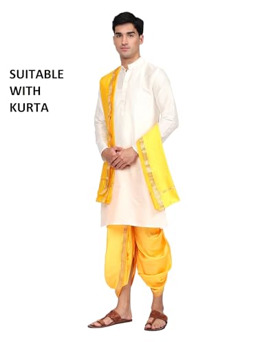 Image of Rameshwaram Fabrics Mens Ready to Wear Silk Dhoti with Angwastra Set - Pocket Dhothi