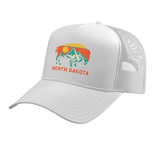 North Dakota Vintage Bison Buffalo America USA Souvenir Trucker Hat with Adjustable Mesh Back, White