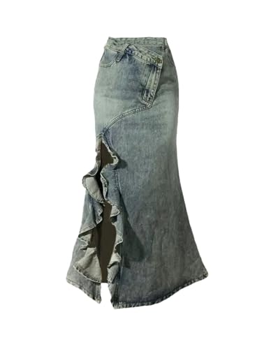 Women's Solid Mermaid Skirt Casual Vintage A-Line Split Hem Denim Skirt