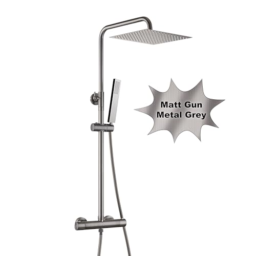 Görbach Regendusche Duschsystem mit Thermostatbatterie, Edelstahl Duschset mit Duscharmatur Komplettset, Kopfbrause 25x25cm Gunmetal Grau