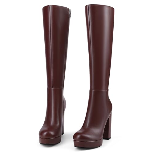 zhsrin Burgundy Red Platform Knee High Wide Calf Boots for Women with Chunky Heel Round Toe Side Zipper Tall Long Boots