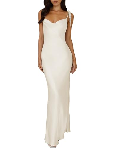 2025 Satin Cowl Neck Spaghetti Strap Slip Maxi Dress for Women Tie Strap Formal Wedding Guest Dresses with Slit