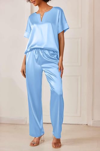 Image of Ekouaer Mens Satin Pajamas Set Button-Down Short /Long Sleeve Shirt Top Soft Silk Sleepwear Loose Pocket Pant Loungewear
