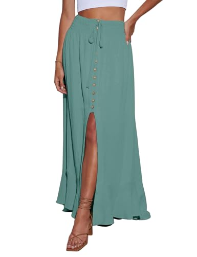 Image of Minclouse Women's Elastic Tie Waist Button Down Maxi Skirts Casual Loose Flowy Swing Slit Front Dress