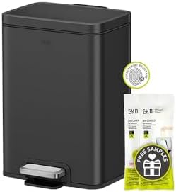 EKO Madison Matte Black 6L / 1.6 Gal Bathroom Trash Can with Lid and Removable Inner Basket, Rectangular Small Step Trash Can, Brushed Stainless Steel