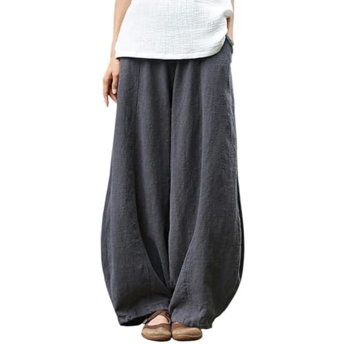 Cotton Linen Pants for Women Wide Leg Elastic Waist Baggy Pants Casual Loose Palazzo Pants Trousers with Pockets
