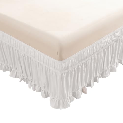 ACESOME Spódnica do łóżka, do owijania, falbanka do łóżka, Ruffled Solid Bed Rock, elastyczny fartuch na łóżko z kroplami o długości 38 cm, z włókna poliestrowego (biały, 137 x 190 cm)
