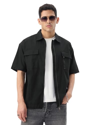 Image of The Souled Store Zipper Shirt: Men and Boys Short Sleeve Spread Collar Zipper Front Solid Textured Regular Fit Casual Easy to Style Everyday Office Wear Cotton Shirt