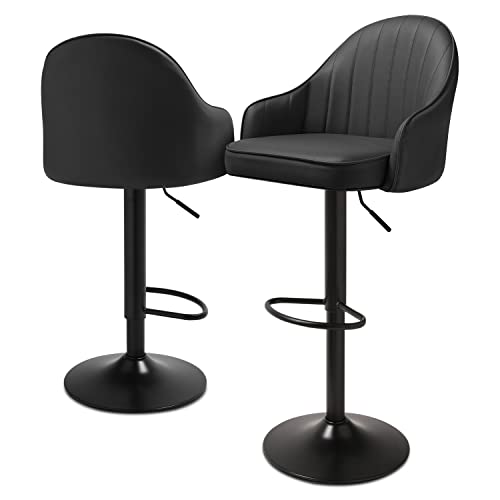 Monibloom Modern Shell Back Bar Stools Set Of 2 Pu Leather Counter Height Adjustable Swivel Barstools With Back And Arms For Pub Kitchen Dining Room Chairs With Footrest, Black #TOP2