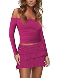 Oumrdeo Skirt Set Women Off Shoulder Long Sleeve 2 Piece Outfits Ruffle Crop Top LayeRose Red Mini Dress Going Out Outfit Rose Red XS