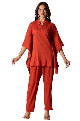 Image of Sidhidata Women's Solid Color V-Neck Kaftan Sleeve Casual Wear Co ord Set | Kurta Set for Women (Delta)