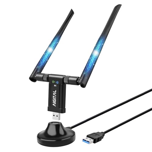 Aigital Adaptador WiFi USB 1200Mbps, Antena WiFi Dongle 5G&2.4G Doble Banda Señal Potente con Antena Externa y Cuna USB 3.0 Cable Extensión para PC/Desktop Compatible con Win XP/7/8/10 Mac OSX