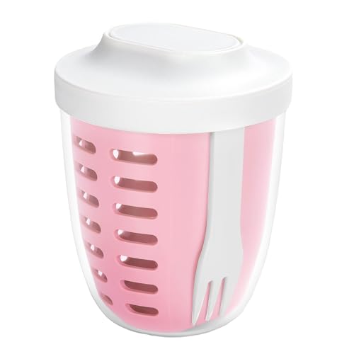 Portable Picnic Party Fruit Salad Storage Cup with Lids and Fork,20 Oz Fruit Storage Containers for Fridge with Removable Colander BPA-Free,Leak-Proof,Keep Fruits,Berry,Salad Fresh longer(pink)