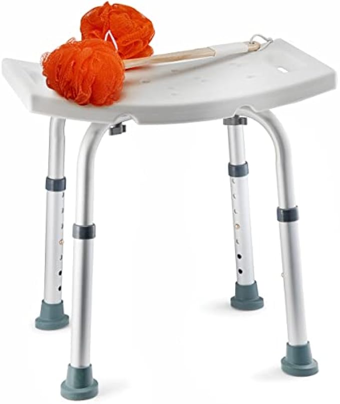 Shower Chair - with Back Scrubber & Additional Sponge - Tool Free Shower Chair for Elderly - with 8 Adjustable Heights - Portable Anti Slip Bath Chair for Elderly