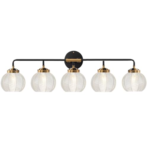 Image of Bathroom Vanity Light Large 27.2″ Long Clear Glass Wall Lamp 5-Light | Mid Century Modern Style Vanity Lights With 5.9Inch Clear Glass Shade E26 Base,Black Gold Finish,Over Mirror Bedroom Hallway