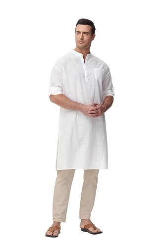 TURETRENDY Men's Kaftan Robe Long Sleeve Henley Thobe Casual Side Split Gown Long Tunic Shirt with Pockets2