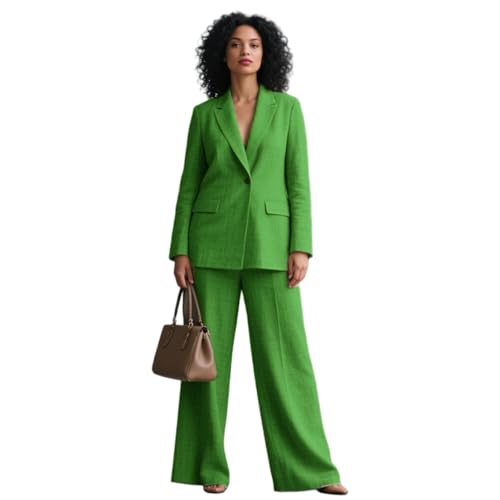 Womens 2 Piece Outfits Summer Linen Suit Blazer and Wide Pants Set Business Beach Wedding