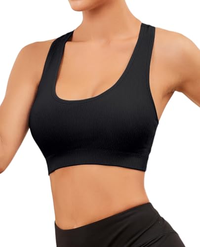 Racerback Sports Bra for Women Seamless Ribbed Yoga Bra Padded Supportive Crop Top for Workout4
