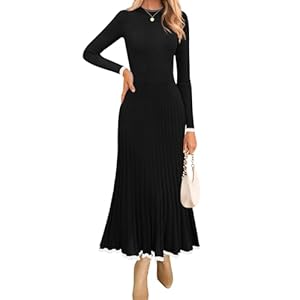 ZESICA Women’s Long Sleeve Sweater Dress 2024 Fall Crewneck Ribbed Knit Pleated A-Line Maxi Wedding Guest Dresses