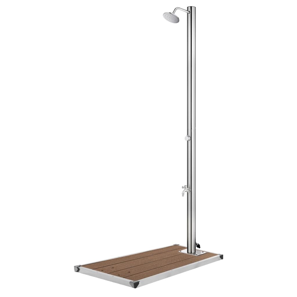 Doccia da giardino in acciaio inox con piastra di fondo marrone in WPC, altezza 220 cm, incluso rubinetto per il piede, adatta per piscine, idromassaggio, terrazza, esterni, estate, wellness e
