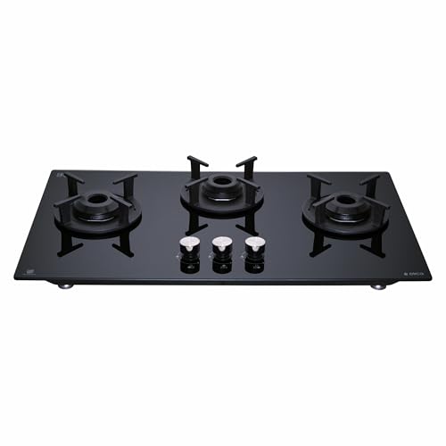 Image of Elica 75cm 3 Burner Auto Ignition Hob | RG FLEXI 375 LOTUS IND HD Brass | SABAF Brass Burners | Built-in & Freestanding | Toughened Black Glass | 10-Year Burner & 5-Year Glass Warranty