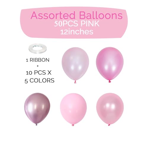 Image of Pink Balloons for Birthday Party Decorations- 12 Inch Different Shades of Pink Metallic Chrome Pearl Baby Light Matte Latex Balloon Bulk 50Pcs for Girls Women Coquette Pink Bow Kitty Theme Decor