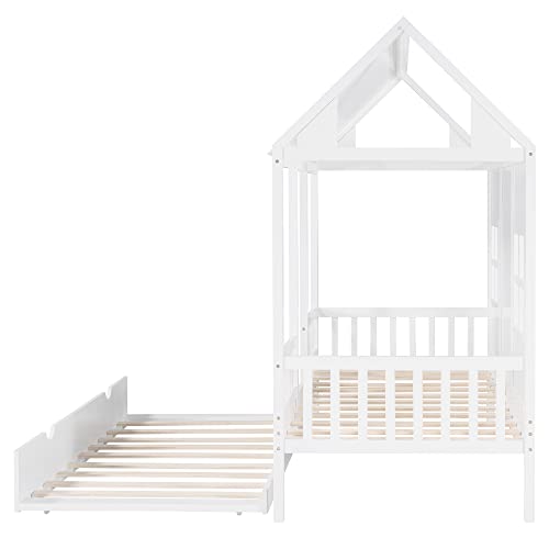 Image of House Bed with Trundle, Twin House Bed for Kids, Wooden Platform Bed Frame with Headboard and Roof, for Girls Boys (Twin Size, White)