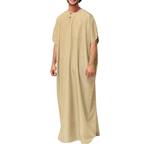 WoCoo Mens Kurta Henley Shirts Middle East Muslim Arab Thobe Tunic Dress Robe Button Up Cotton Long Gown Nightshirts Pajamas Khaki
