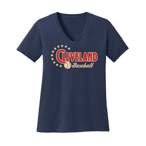J2 Sport Cleveland Baseball Womens T-Shirt – Ladies V-Neck Short Sleeve Apparel Tee Tshirt Navy