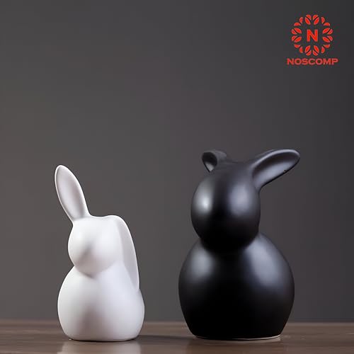 Image of NOSCOMP Modern Sitting Ceramic Rabbit Figurines for Home, Office, and Easter Decor | Set of 2 Minimalist Black and White Bunny Sculptures.
