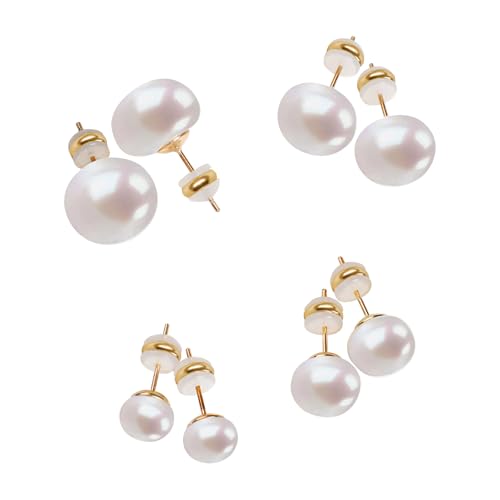 4 Pairs Pearl Stud Earrings 14K Plated Gold Sterling Silver Hypoallergenic Earring stud Flat Round Large size pearl 8mm-14mm Set Earrings for women