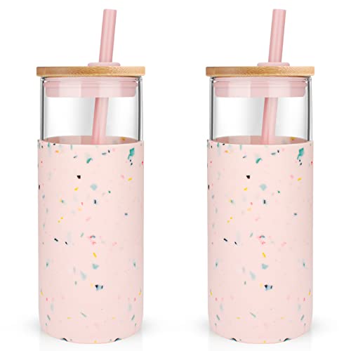 Tronco 20 oz Glass Tumbler Glass Water Bottle Straw Silicone Protective Sleeve Bamboo Lid - BPA Free (Terrazzo Blush 2Pack)