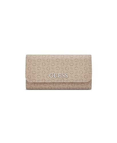 Image of Guess Taupe Printed Snap Button Abbas Slim Tri-Fold Wallet