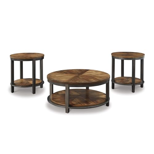 Signature Design by Ashley Roybeck Rustic Round 3-Piece Table Set, Includes 1 Coffee Table and 2 End Tables with Fixed Shelf, Light Brown