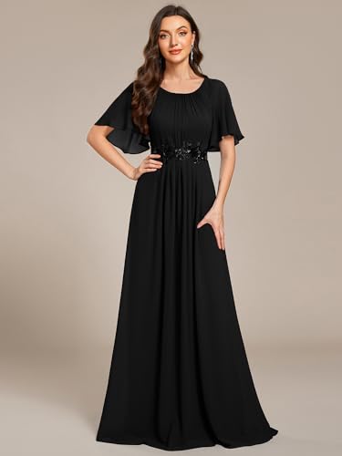 Image of Ever-Pretty Women's Classic Round Neck Pleated Short Sleeves Chiffon Appliques Floor Length A Line Formal Evening Dresses