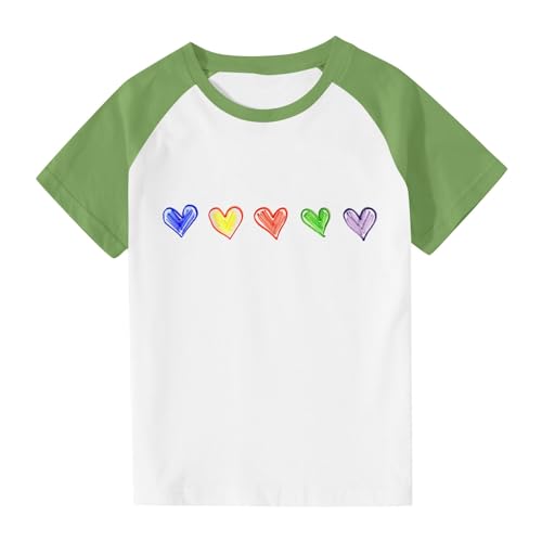 Girls Rainbow Cute Heart Print Tops Color Block Loose Crewneck Summer T-Shirts Kids Basic Short Sleeve Tees for 3-14 Years