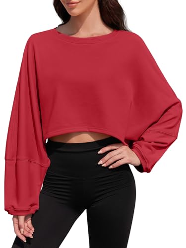 Tankaneo Womens Long Ballon Sleeve Sweatshirts Tops Cropped Crew Neck Loose Fit Casual Workout Shirts Red — view 2