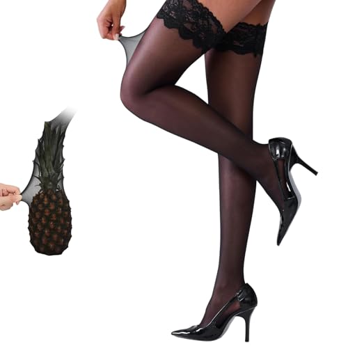 OuryTech Strümpfe Damen, Halterlose Strümpfe mit Silikon Spitzenband, Sexy Thigh High Stockings aus Sheer Nylon für Damen