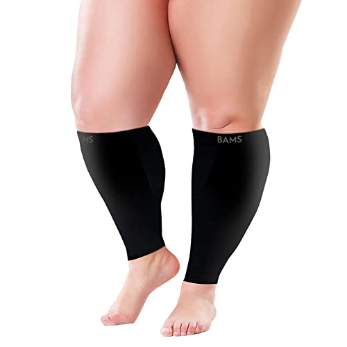 BAMS Plus Size Calf Compression Sleeve for Women & Men, Viscose from Bamboo Extra Wide Leg Support for Shin Splints, Leg Pain Relief and Support, Swelling, Travel (Calf Black, XL)